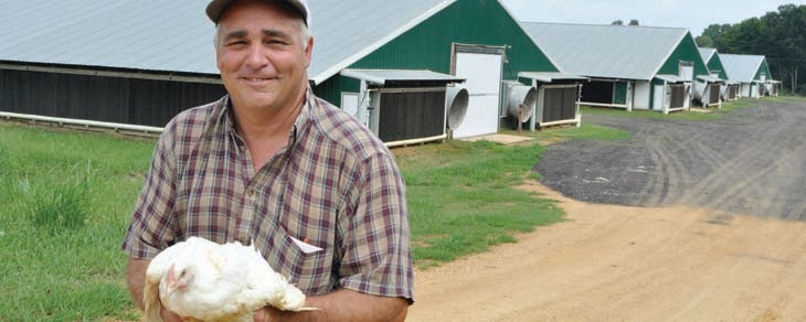 Michael Oglesby of Double O Farms in Lowndesboro shows off a broiler chicken with a few of his 12 chicken houses in the background. He is one of 12 chicken growers in Lowndes County.  