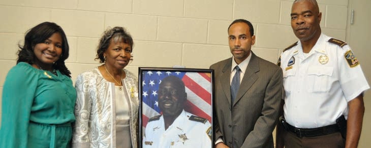 Shown from left, Willetta Vaughner Dunning (daughter), Lucy Vaughner (widow) of the late Sheriff Vaughner, Lowndes County School Superintendent Dr. Daniel Boyd and Lowndes County Sheriff John Williams.