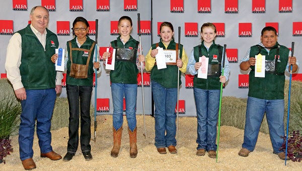 Pictured with Alabama Farmers Federation President Jimmy Parnell, winners in the junior division, class 1 of 11-year-olds, are: Christy Daniel from Lowndes County, first place; Marie Downey from Autauga County, second place; Mary Hannah Gullat from Lee County, third place; Lauren Brewer from Morgan County, fourth place; and Dylan Brown from Coosa County, fifth place. The top five winners in each class received ribbons and prize money. 