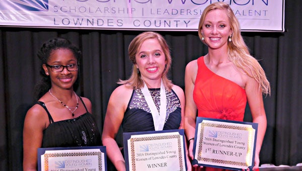 From left to right: Calhoun School’s Ashayla Hayes, Fort Dale Academy’s Mary Clare Carlton and Alabama Christian Academy’s Jordan Crook represented the Lowndes County Distinguished Young Woman competition as second runner-up, winner and first runner-up respectively.