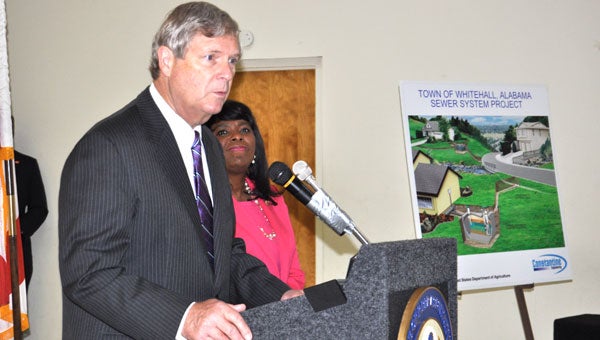 7th District Congresswoman Terri A. Sewell (right) is joined by U.S. Agriculture Secretary Tom Vilsack in White Hall as they announced the launch of a $1 million grant, as well as a $112,000 USDA loan, to construct a wastewater treatment facility in White Hall on Wednesday. The announcement was followed by a groundbreaking ceremony outside town hall.